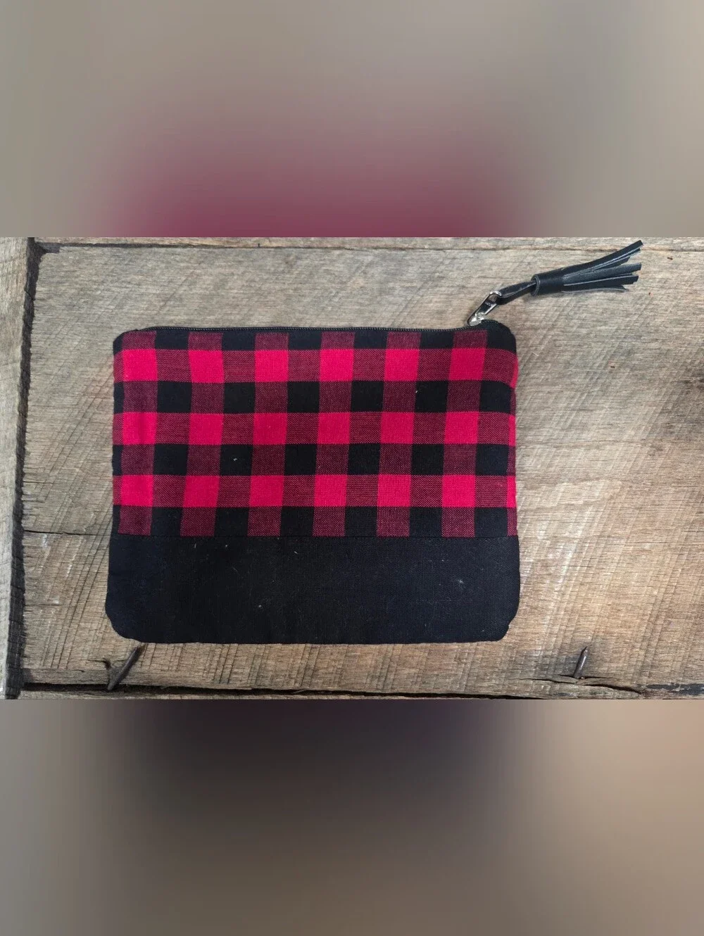 NWT Buffalo Check Monogram Pouch - Red/Black - Monogram K - Makeup ~ Bin TT